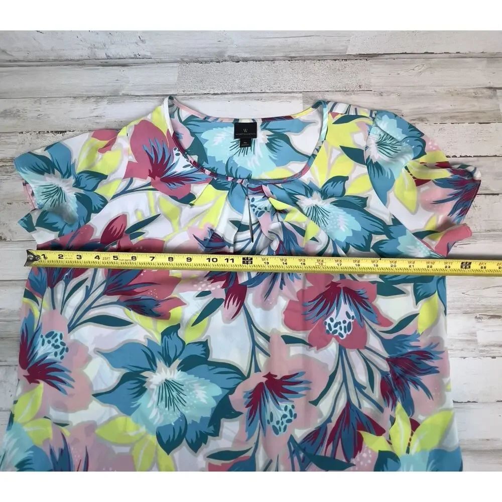 Worthington Womens Blouse Size XL Floral Pleated Scoop Neck Short Sleeves - Picture 6 of 7